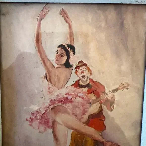Vintage Ballerina and Clown Framed Art Print, Shabby Chic Wood Frame - Picture 3 of 6